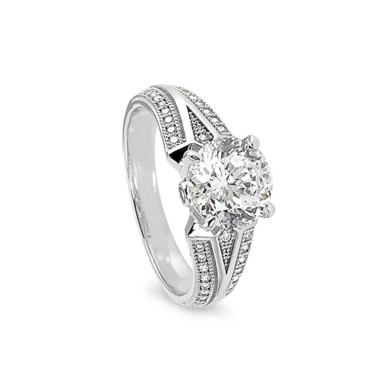 Handmade Rings-Platinum Finish Sterling Silver Micropave V Shaped Band Engagement Ring with 100 Facet Simulated Daimond