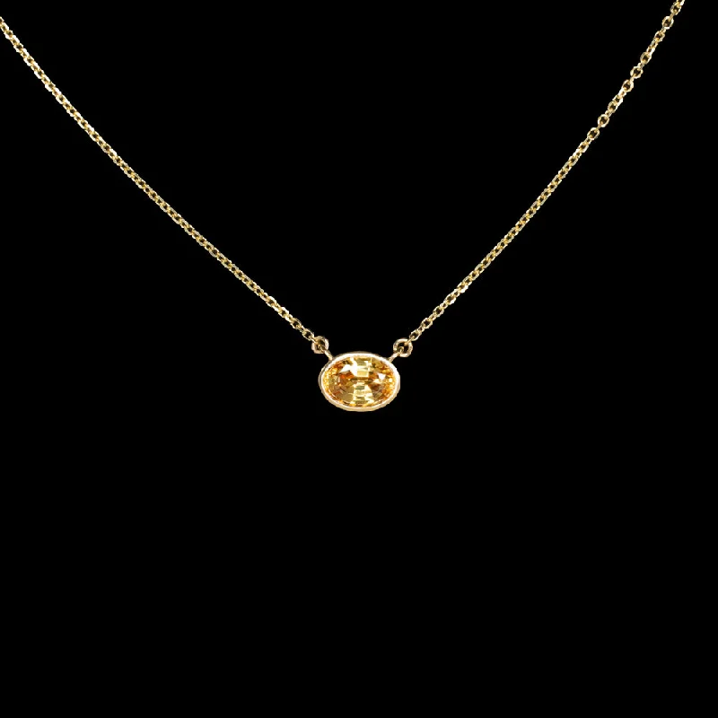 Statement Gold Necklaces-ORANGE SAPPHIRE PENDANT NECKLACE OVAL BEZEL EAST WEST 14k YELLOW GOLD 1.18ct