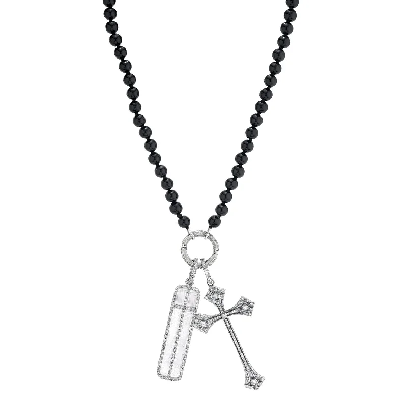 Men’s Necklaces-Double Cross Onyx Knotted Necklace  N0001353