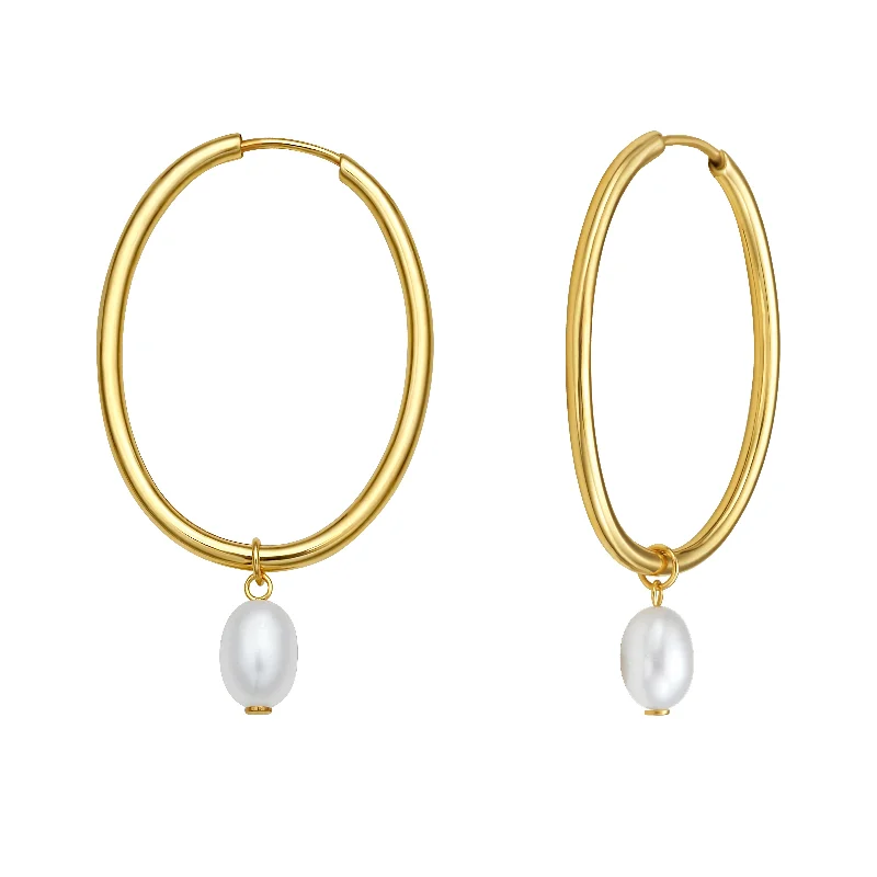 Bohemian Earrings-14K Pearl Drop Oval Hoops