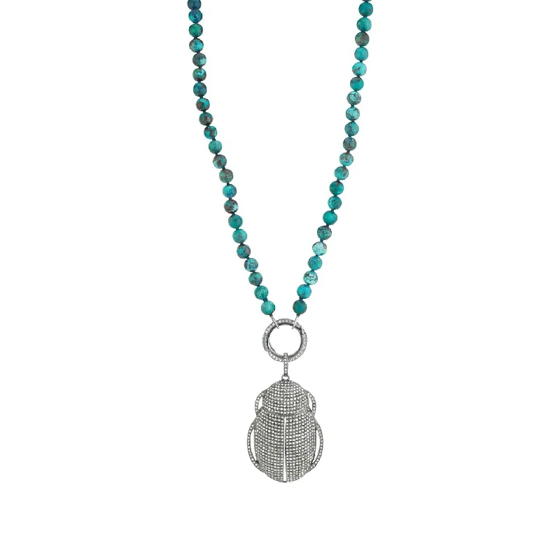 Long Necklaces-Chrysocolla Knotted Necklace With Diamond Scarab  N0001450