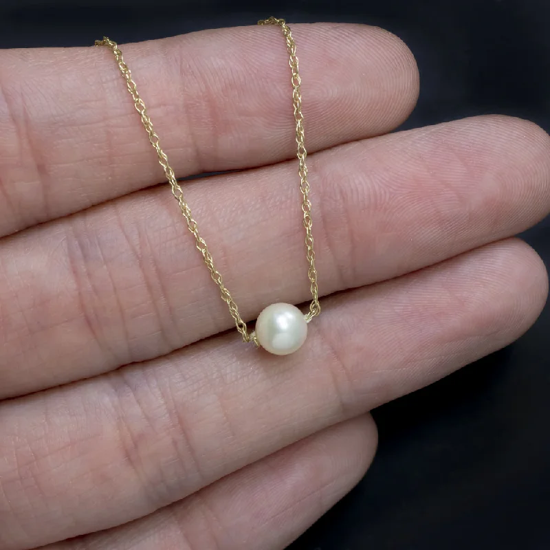 Bohemian Necklaces-PEARL 14k YELLOW GOLD NECKLACE DAINTY SIMPLE CLASSIC EVERYDAY PENDANT 16 INCH