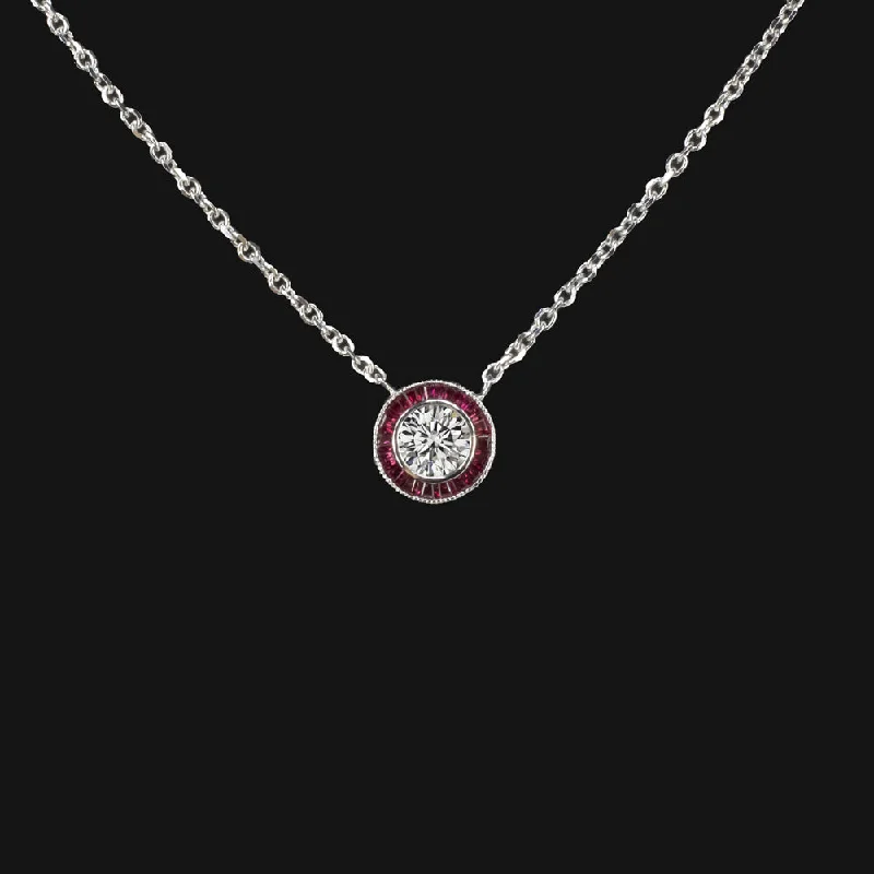 Gold Chain Necklaces-DIAMOND RUBY PENDANT NECKLACE VINTAGE STYLE ART DECO TARGET HALO NATURAL RED