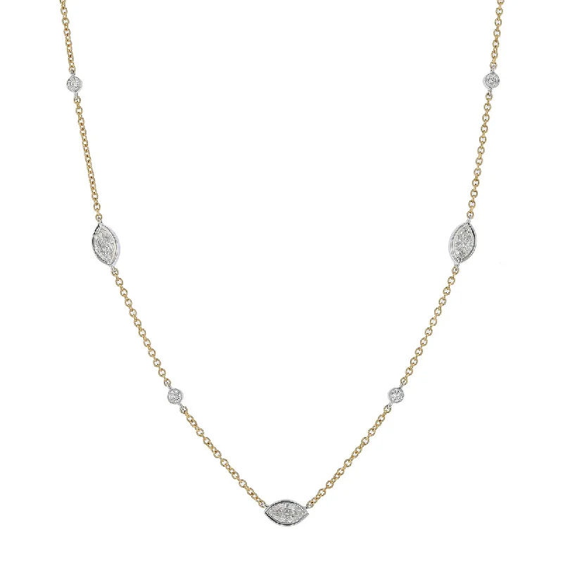 Beaded Necklaces-0.90-1.15Ct Diamond Marquise and Round Diamond Station Necklace in 18k Yellow and White Gold, 18inch