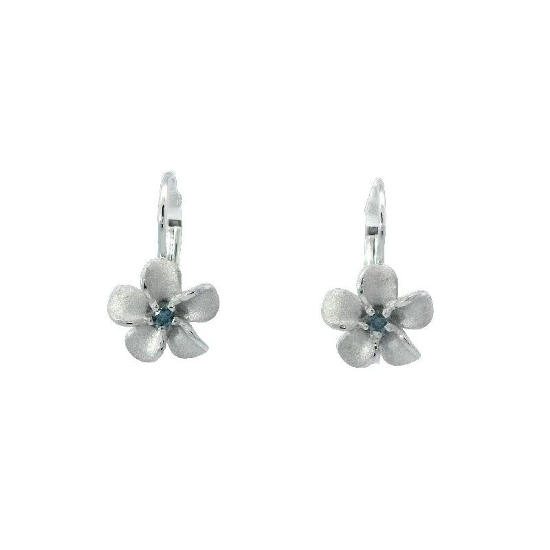 Unique Gemstone Stud Earrings-Plumeria Leverback Earrings with Blue Diamonds