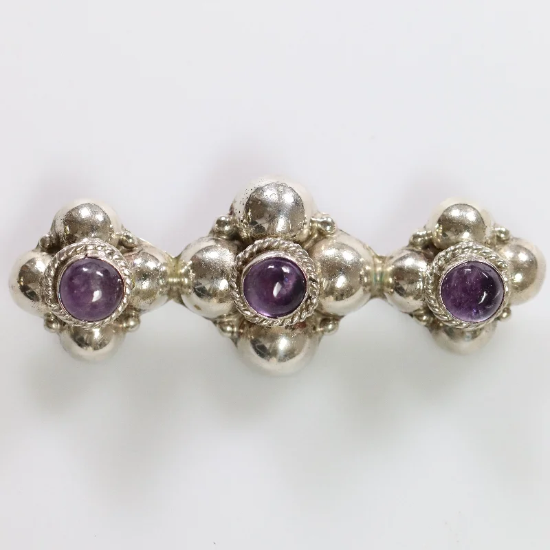 Brooch With Diamonds-Vintage Silver Mexican Jewelry | Early Century Amethyst Brooch