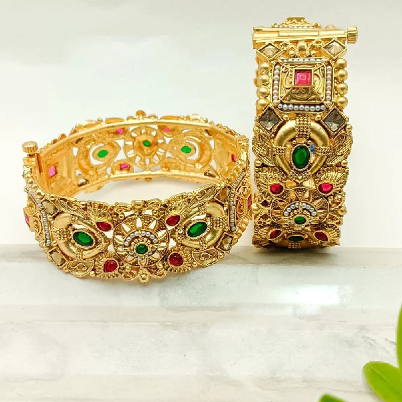 Bangles For Sri Lankan Weddings-FS Collection Gold Plated Pota Stone And Pearls Openable Bangle Set