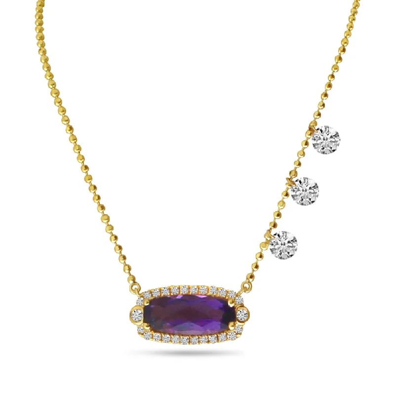 Fancy Necklaces-14K Yellow Gold Dashing Diamonds Oval Amethyst Semi Precious Necklace P4166W-18