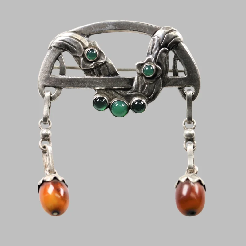 Brooch With Butterflies-Antique Georg Jensen Jewelry | Rare Early Chrysoprase and Amber Brooch 8