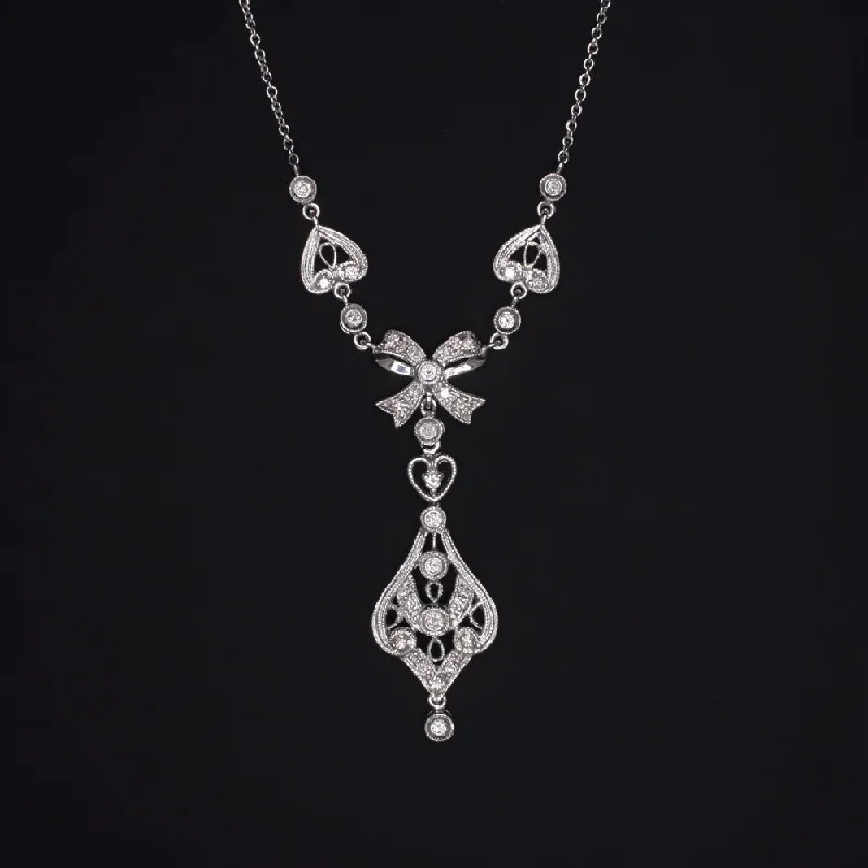 Simple Chain Necklaces-VINTAGE DIAMOND PENDANT BOW RIBBON NECKLACE 18K WHITE GOLD FILIGREE HEART DROP