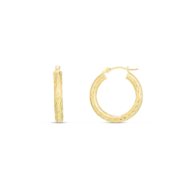 Designer Drop Earrings for Women-14K Yellow Gold 3x20mm Diamond Cut Hoop Earring