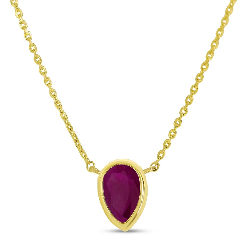 Designer Diamond Necklaces-14K Yellow Gold Pear Ruby Birthstone Necklace P4334-18-JUL