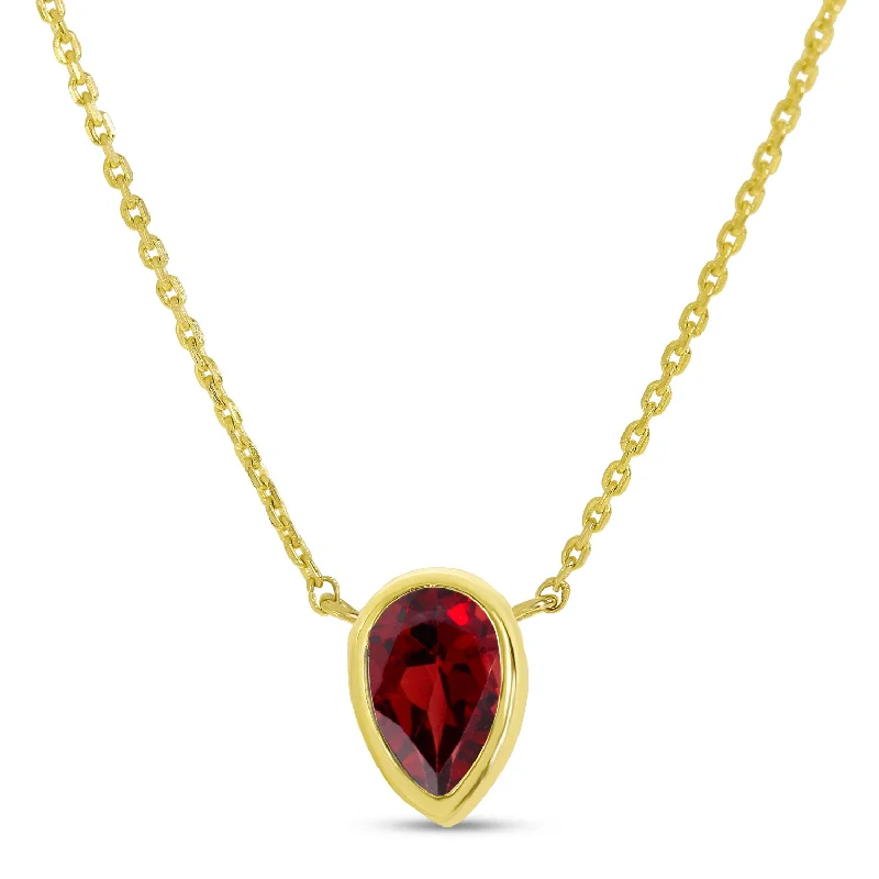 Leather Necklaces-14K Yellow Gold Pear Garnet Birthstone Necklace P4334-18-JAN