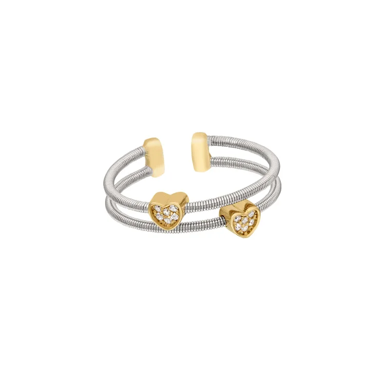 Custom Gold Rings-Rhodium Finish Sterling Silver Two Cable Cuff Ring with Two Gold Finish Simulated Diamond Hearts