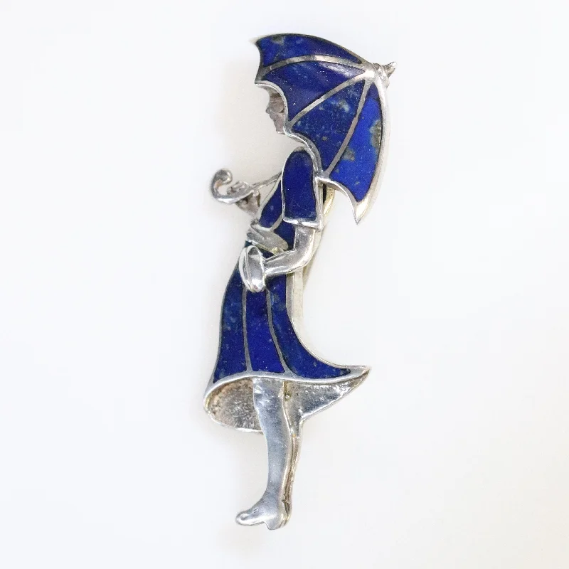 Boho Brooch-Vintage Handcrafted Silver Jewelry | Art Deco Girl and Umbrella Lapis Lazuli Brooch