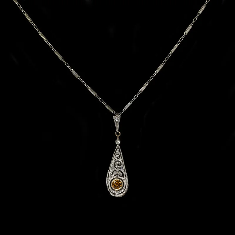 Simple Crystal Necklaces-ART NOUVEAU DIAMOND NECKLACE ANTIQUE WHITE GOLD FANCY ORANGE NATURAL PENDANT