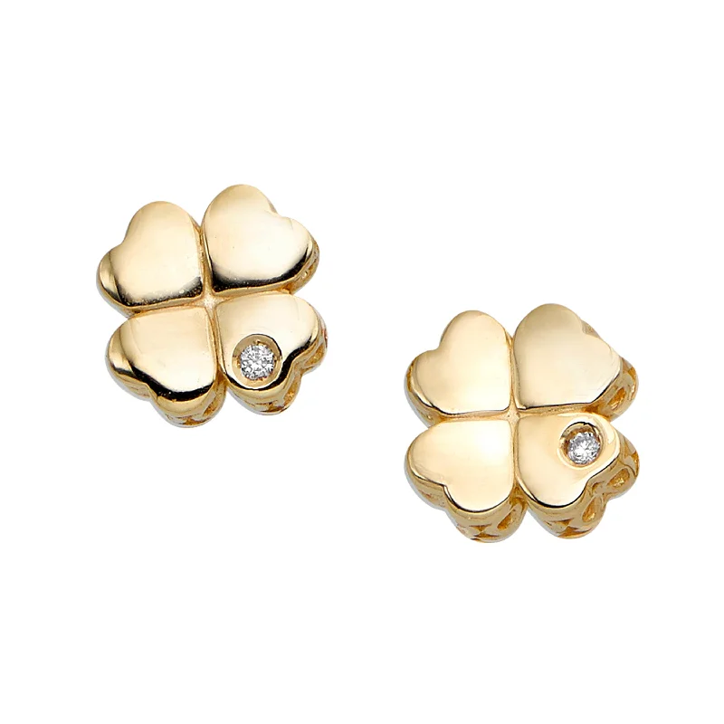 Handcrafted Gemstone Earrings-14K Gold .01ct Diamond Clover Stud Earring