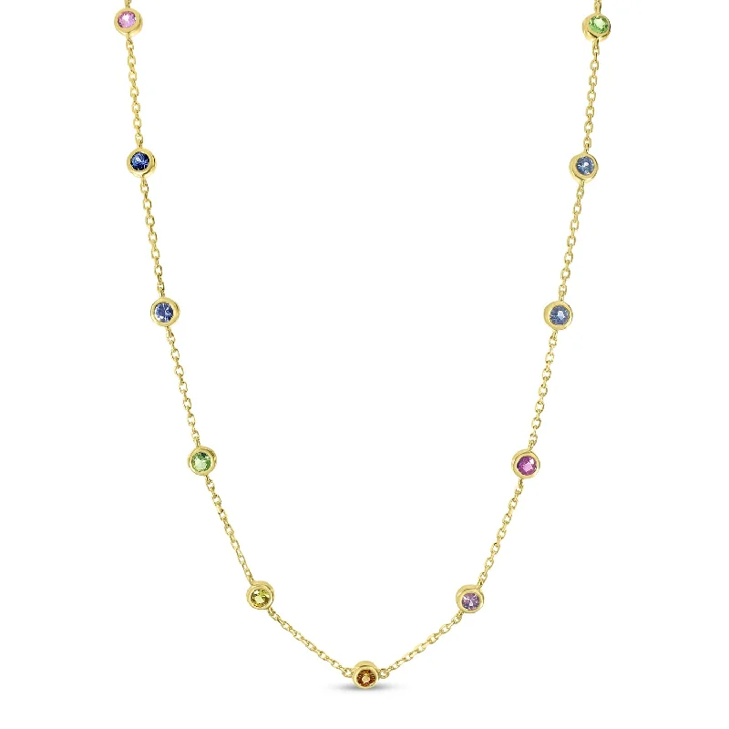 Long Pendant Necklaces-14K Yellow Gold Bezel Set Rainbow Sapphires Necklace P4548-18