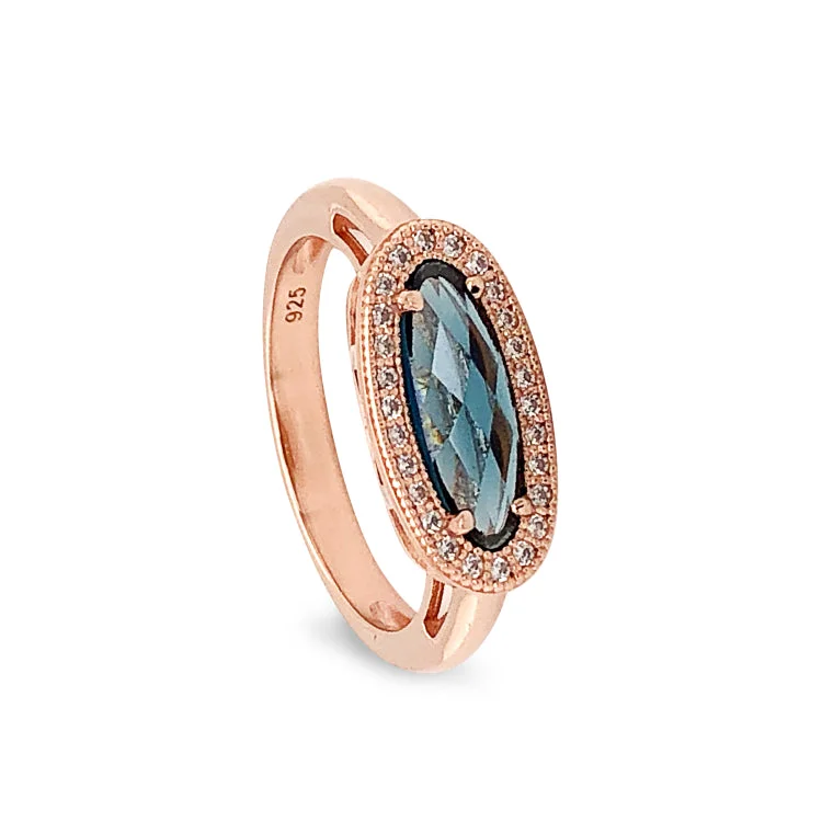 Engagement Rings With Diamonds-Rose Gold Finish Sterling Silver Micropave Oblong Ring with Simulated London Blue Topaz and Simulated Diamonds