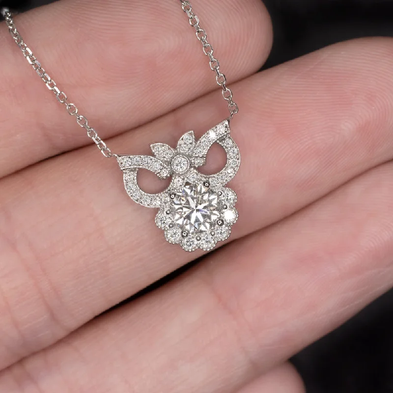 Clear Crystal Necklaces-NATURAL DIAMOND PENDANT VINTAGE STYLE NECKLACE EDWARDIAN STYLE 14k WHITE GOLD