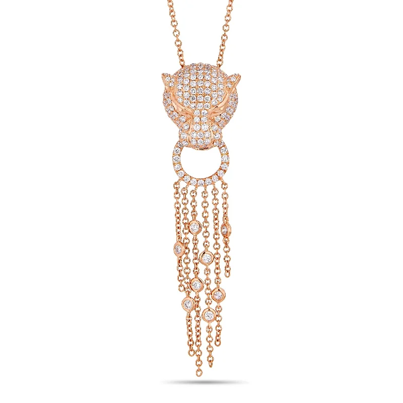 Gemstone Pendant Necklaces-18K Rose Gold 1.49ct Diamond Jaguar Tassel Necklace