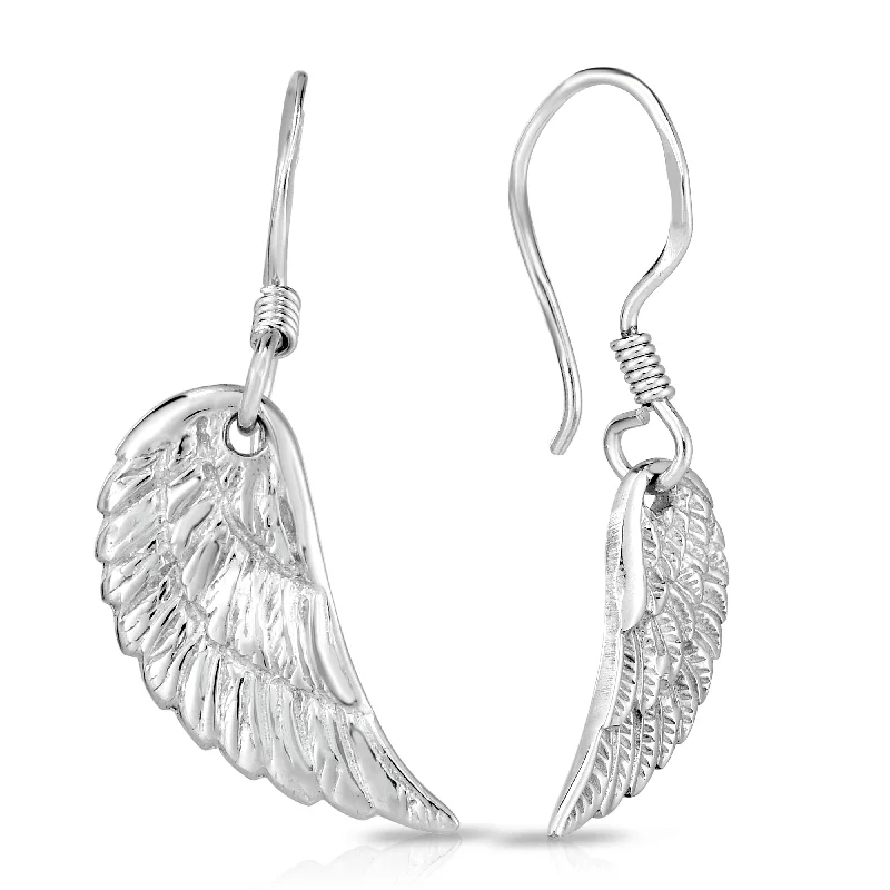 Ocean-Inspired Earrings-Silver Angel Wing Drop Earrings