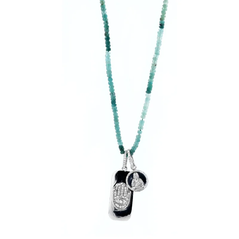 Gold Cross Necklaces-Hamsa Tag & Buddha Coin Pendants on Grandidierite Bead Necklace - 34"  N0003159