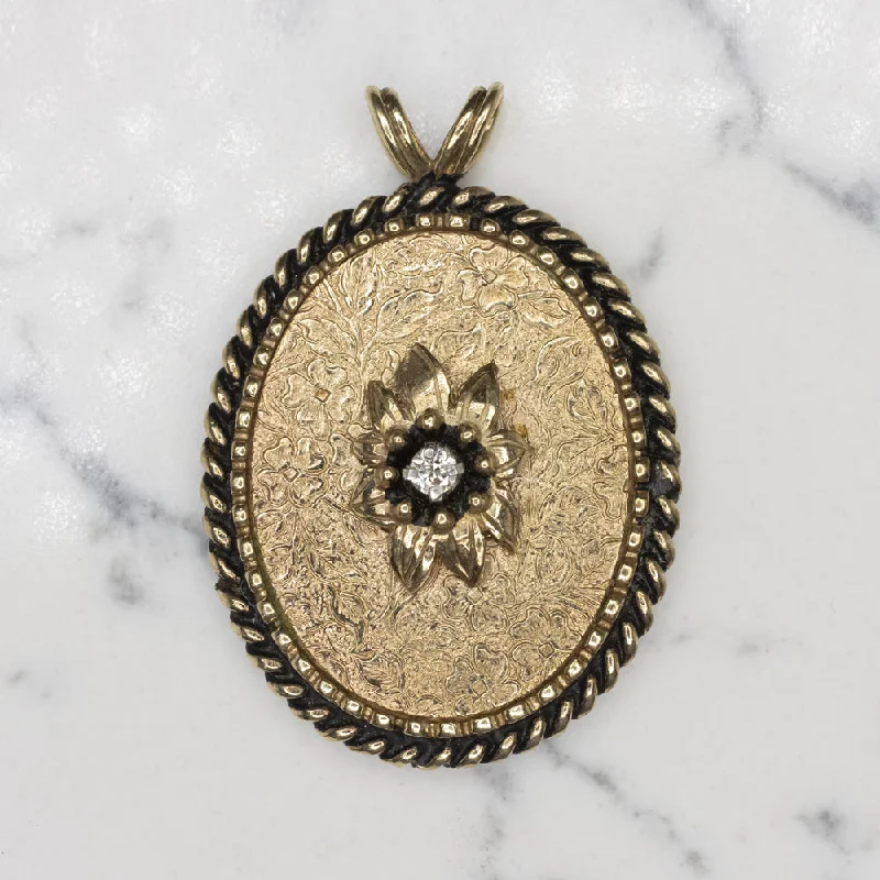 Gold Name Necklaces-VINTAGE DIAMOND DISK PENDANT OVAL FLORAL 10k YELLOW GOLD 10.5 GRAM NECKLACE