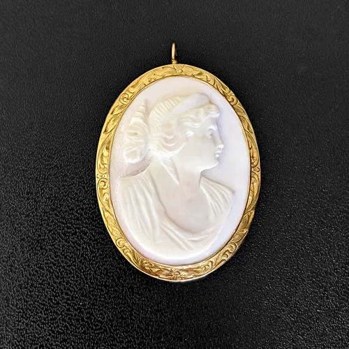 Cute Necklaces-VINTAGE CAMEO PENDANT 1.75in 12gm GOLD NECKLACE VICTORIAN ENGRAVED PIN BROOCH