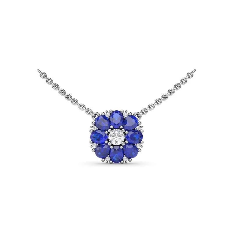 Silver Chain Necklaces for Women-Sapphire Flower Cluster Necklace N1873S