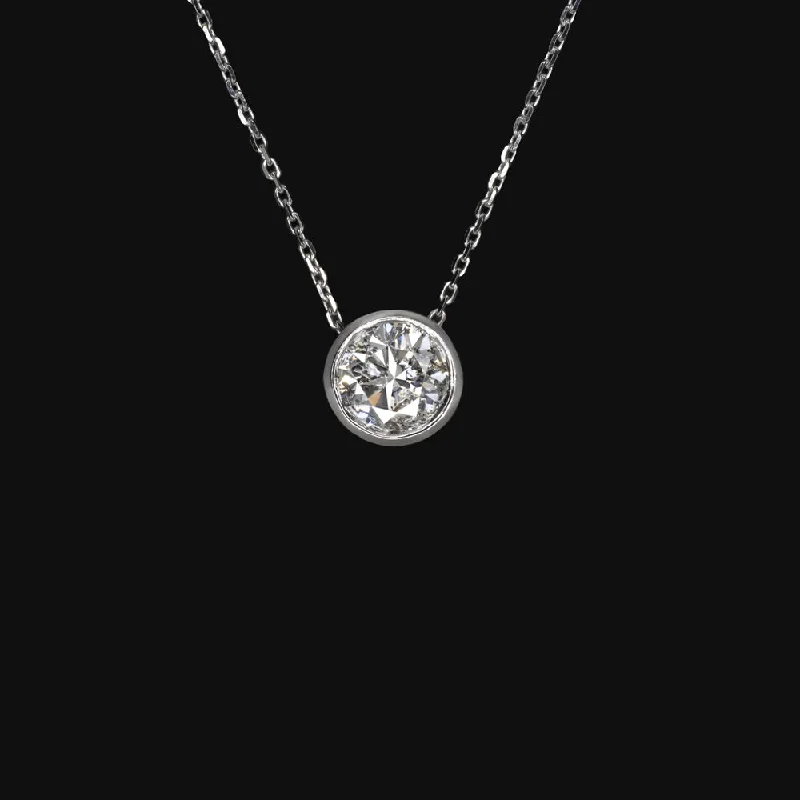 Colored Chain Necklaces-DIAMOND SOLITAIRE NECKLACE 1.25ct VERY GOOD CUT ROUND WHITE GOLD BEZEL PENDANT