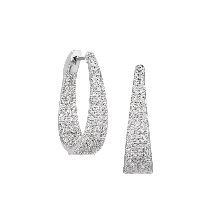 Adjustable Necklaces-Platinum Finish Sterling Silver Micropave Hoop Earrings with Graduated Simulated Diamonds