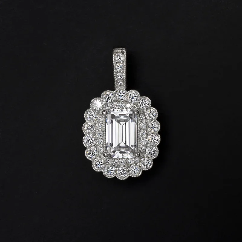 Men’s Silver Necklaces-1.20ct NATURAL DIAMOND PENDANT EMERALD CUT SCALLOPED DOUBLE HALO NECKLACE 14k