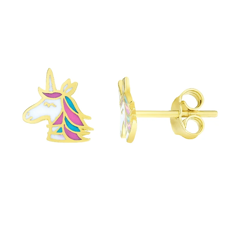 Gold Dangle Stud Earrings-14K Gold Enamel Unicorn Stud Earring