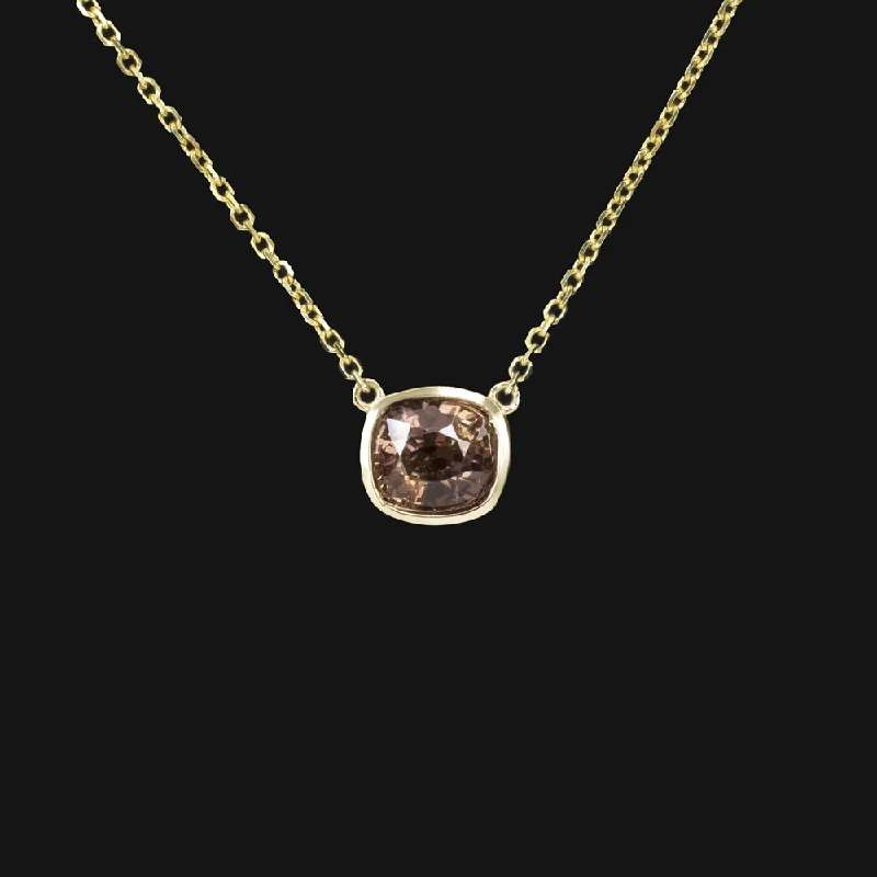 Luxury Necklaces-ORANGE PINK SAPPHIRE PENDANT NECKLACE CUSHION BEZEL SET 14k YELLOW GOLD NATURAL