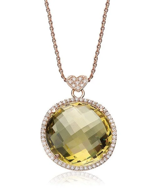 Colored Gemstone Necklaces-Lemon Quartz Round Necklace with Diamonds 380-JSA