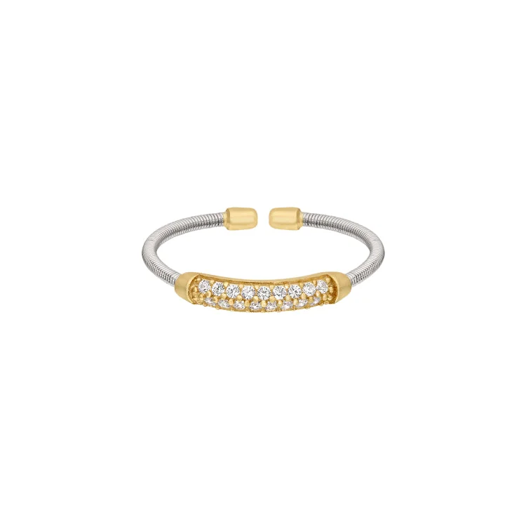 Custom Designed Rings-Rhodium Finish Sterling Silver Single Cable Cuff Ring with Gold Finish Double Row Simulated Diamonds