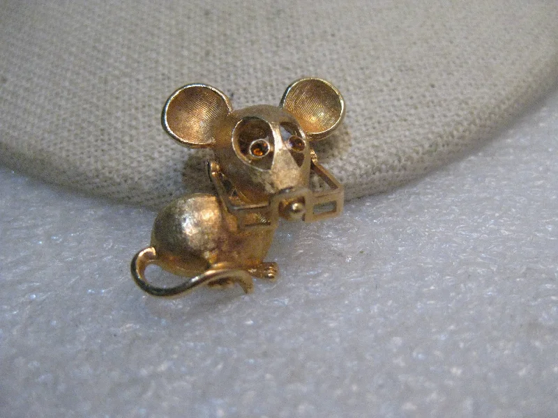 Designer Brooch-Vintage Avon Mouse Brooch, with Glasses, Rhinestone Eyes, 1970's. Gold Tone, 1"