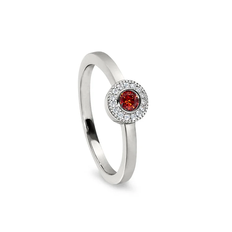 Platinum Rings-Platinum Finish Sterling Silver Micropave Round Simulated Garnet Ring with Simulated Diamonds Size 4