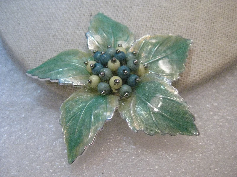 Gold Brooch-Vintage Liz Claiborne Green Enameled Floral Brooch, 2.25", 1970's, Mint Green