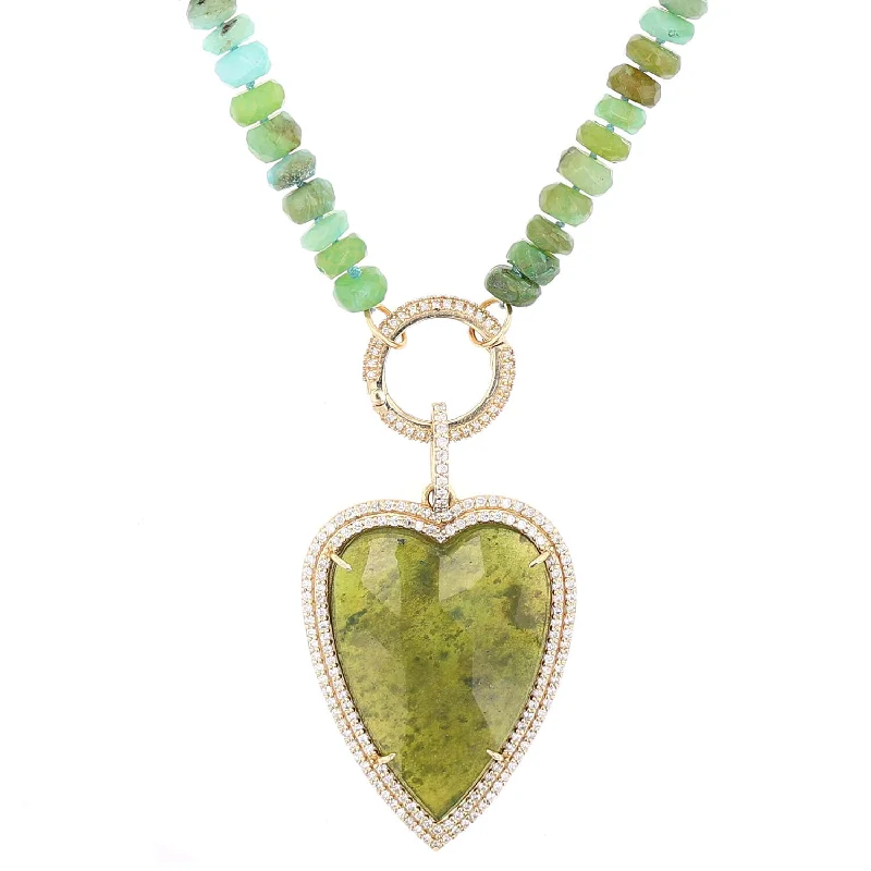 Antique Necklaces-14K Green Garnet Heart Pendant on Opal Necklace - 35"  SNG00142