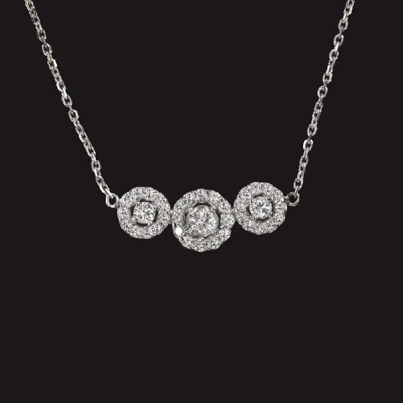 Pearl Necklaces-DIAMOND HALO CLUSTER NECKLACE 1.10ct NATURAL 14k WHITE GOLD 3 STONE PENDANT 1ct