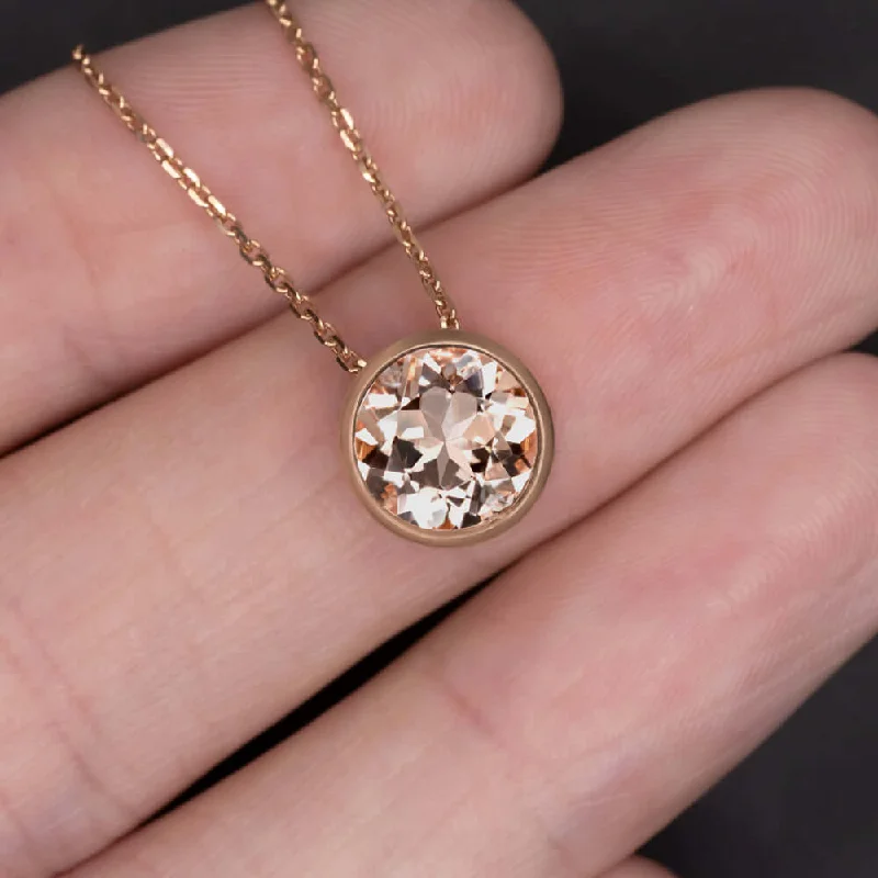 Gemstone Pendant Necklaces-NATURAL MORGANITE PENDANT NECKLACE 8mm ROUND CUT 14k ROSE GOLD BEZEL PEACH PINK