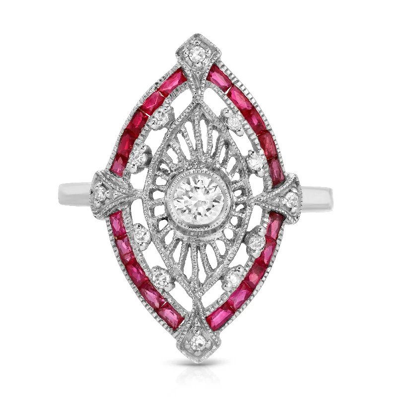 Women’s Platinum Rings-Estate Diamond Ruby Navette Ring