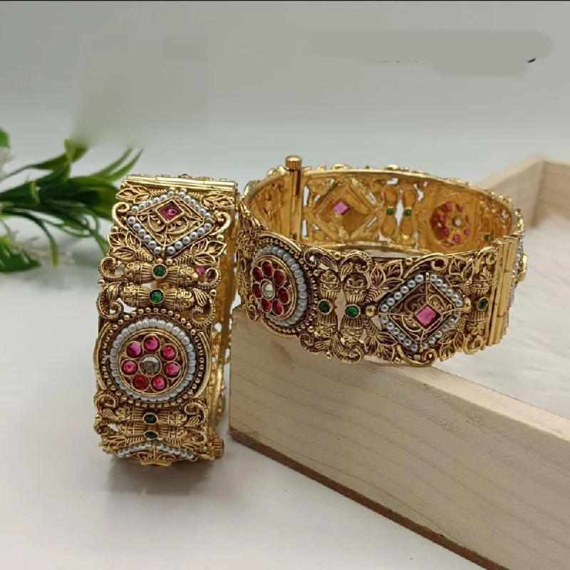 Bangles For Western Outfits-FS Collection Gold Plated Pota Stone And Pearls Openable Bangle Set