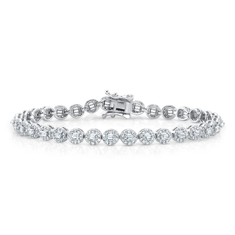 Bracelets With Unique Designs-OVAL BAGETTE CZ TENNIS BRACELET, SILVER