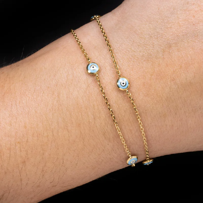 Layered Necklaces-ENAMEL EVIL EYE SOLID 14k YELLOW GOLD CHAIN BRACELET STATION CHOKER NECKLACE