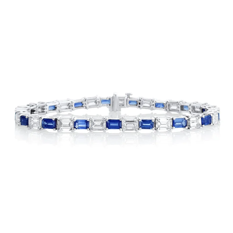 Colorful Bracelets-9.31 Carat Diamond & Sapphire Line Bracelet in 14K White Gold