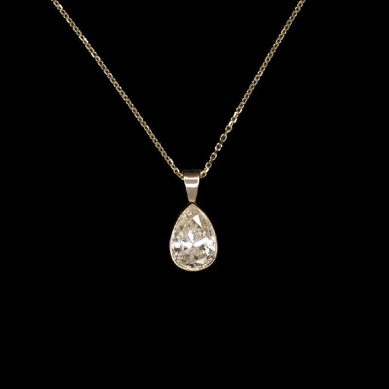 Diamond Chain Necklaces-1.80ct NATURAL DIAMOND NECKLACE PEAR SHAPE PENDANT YELLOW GOLD BEZEL SOLITAIRE