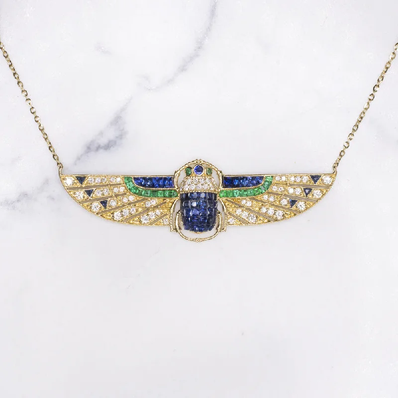 Boho Necklaces-ART DECO STYLE SCARAB NECKLACE DIAMOND SAPPHIRE EMERALD 14k GOLD VINTAGE PENDANT